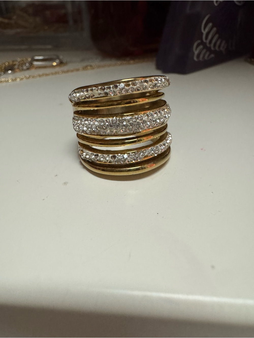 Gold-Tone Multi-Row Crystal Statement Ring